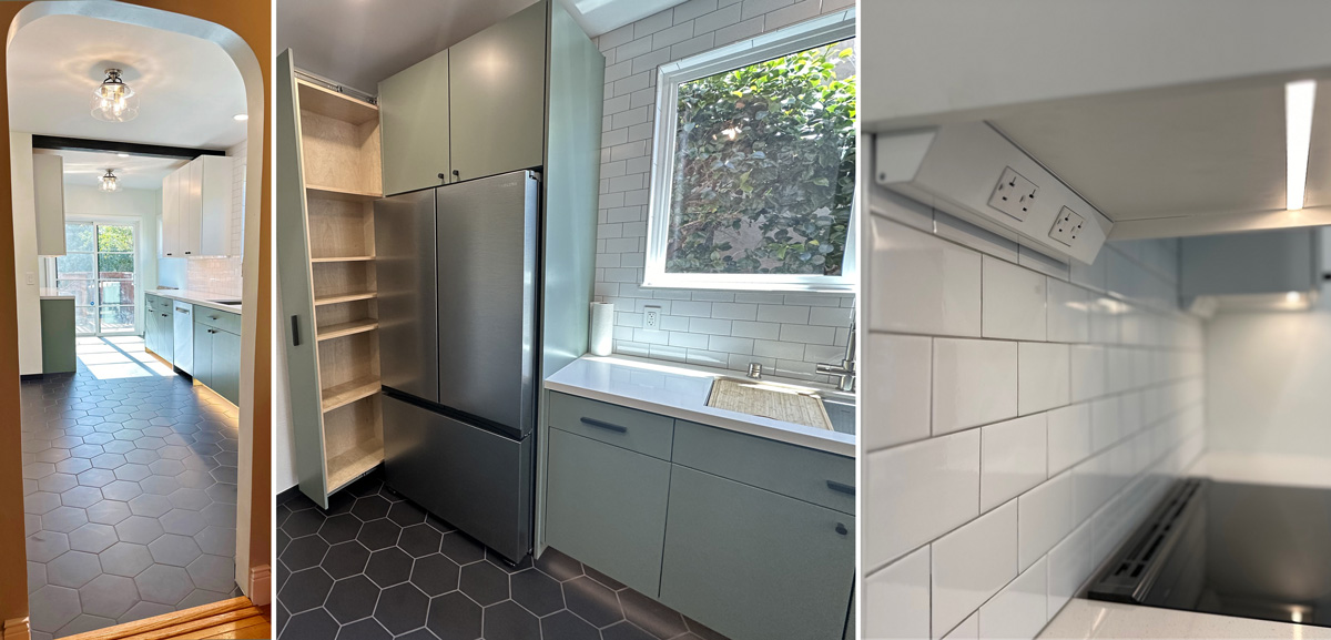 Three-panel view of custom green kitchen with white tile
