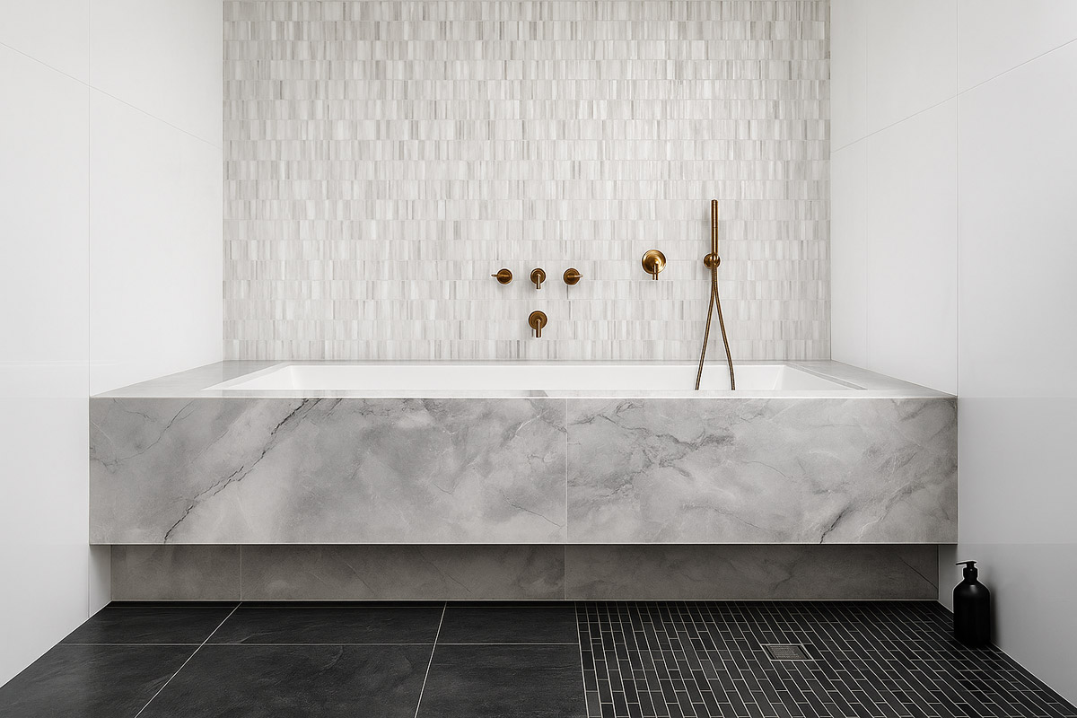 Elegant bathroom with marble tub and brass fixtures
